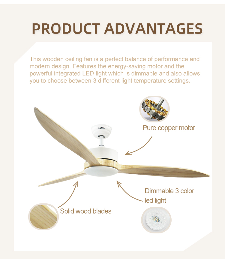 Modern Style 1stshine Ceiling Fan with Remote Control and Natural Wind Solid Wood Blades