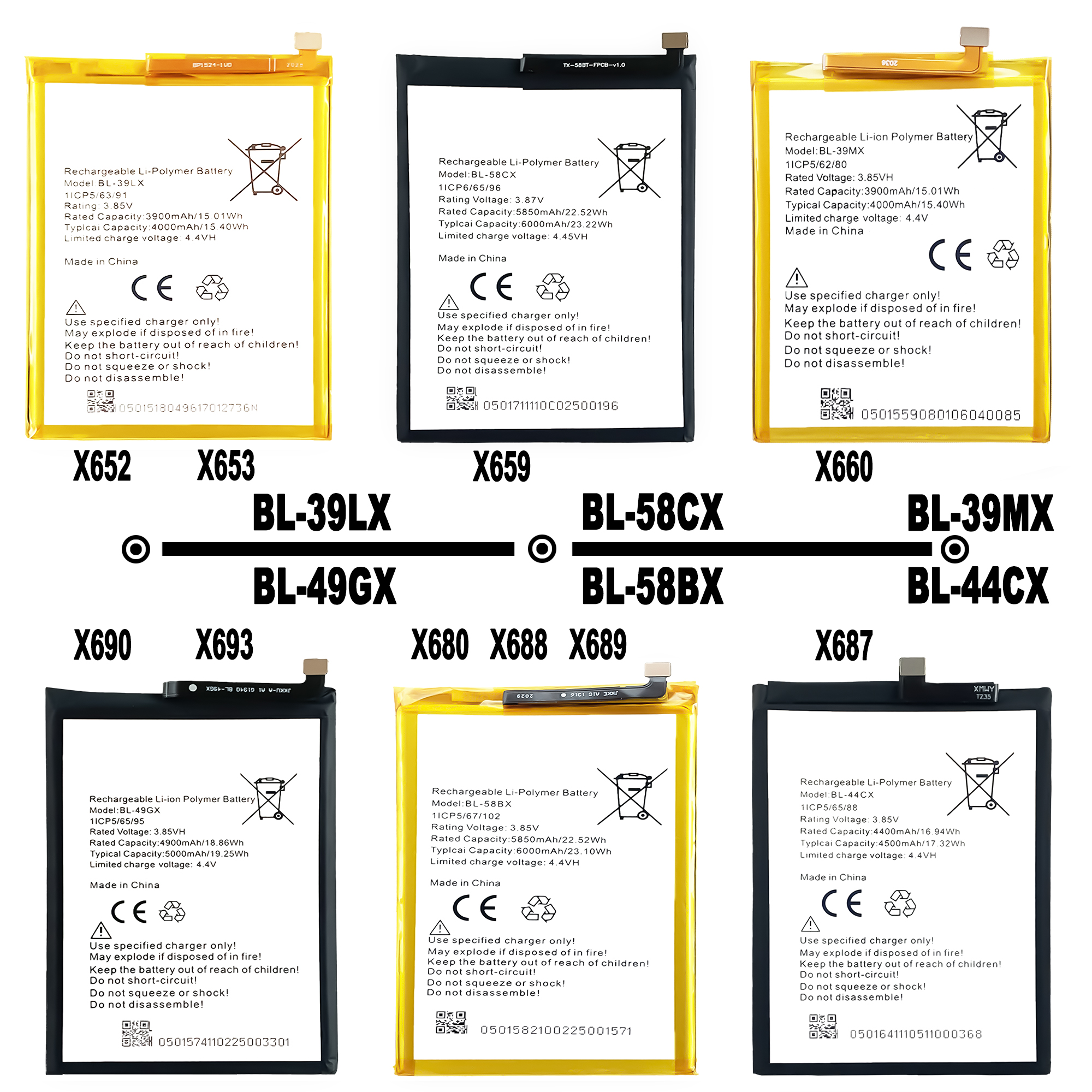 Yellow Infinix X652 X653 X659 X660 X690 X693 X680 X688 X689 X687 X682 X683 X692 X695 X612 Batteries for Infinix Gadgets