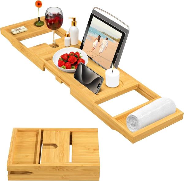High Quality Bath Caddy Tray for Bathtub - Adjustable Bamboo Tray for Expandable