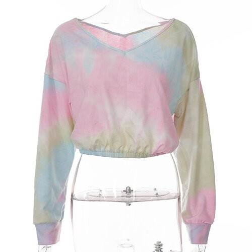 OEM maufactory European and American polyester new long -sleeved V -neck loose band -dyeing printed short T -shirt w