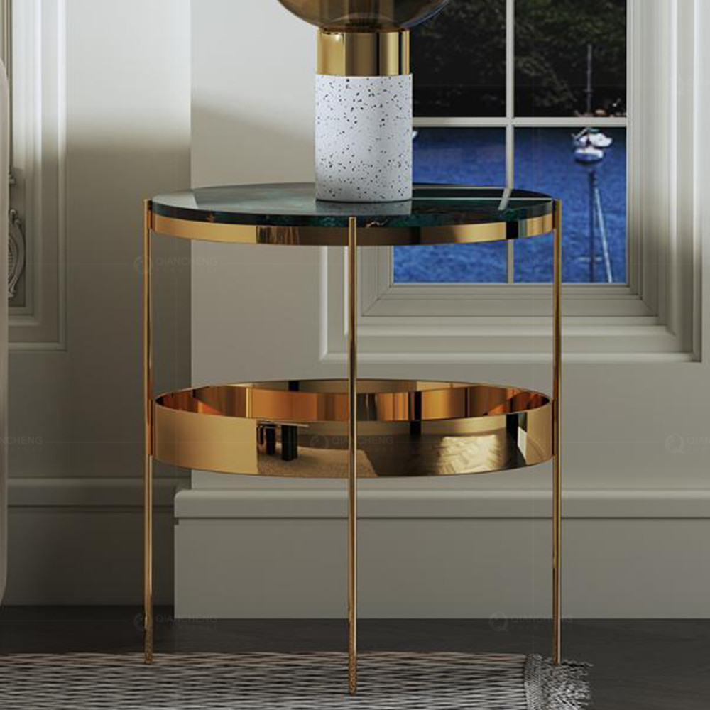 Stainless Steel Two Tier Set Bed Side Tables Golden Frame Round Marble