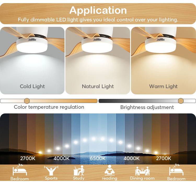 52 inches Remote LED Ceiling Fan with Dimmable 3 Color Light Motor Type DC Pure Copper