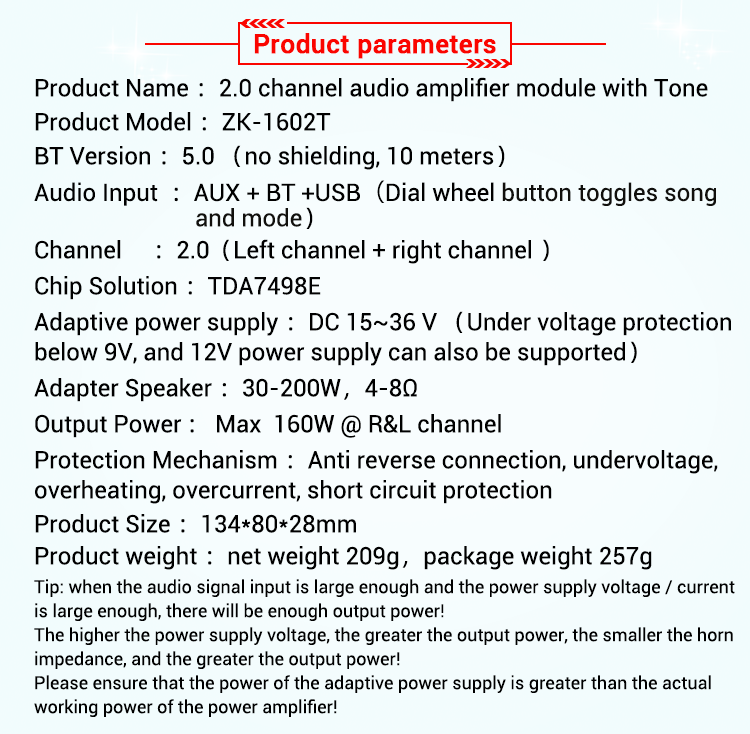 ZK-1602T 2*160W 2.0 Channel Class d Audio Stereo Amplifier Board Bass AMP TDA7498E BT 5.0 Subwoofer Amplifier Board ZK-1602T