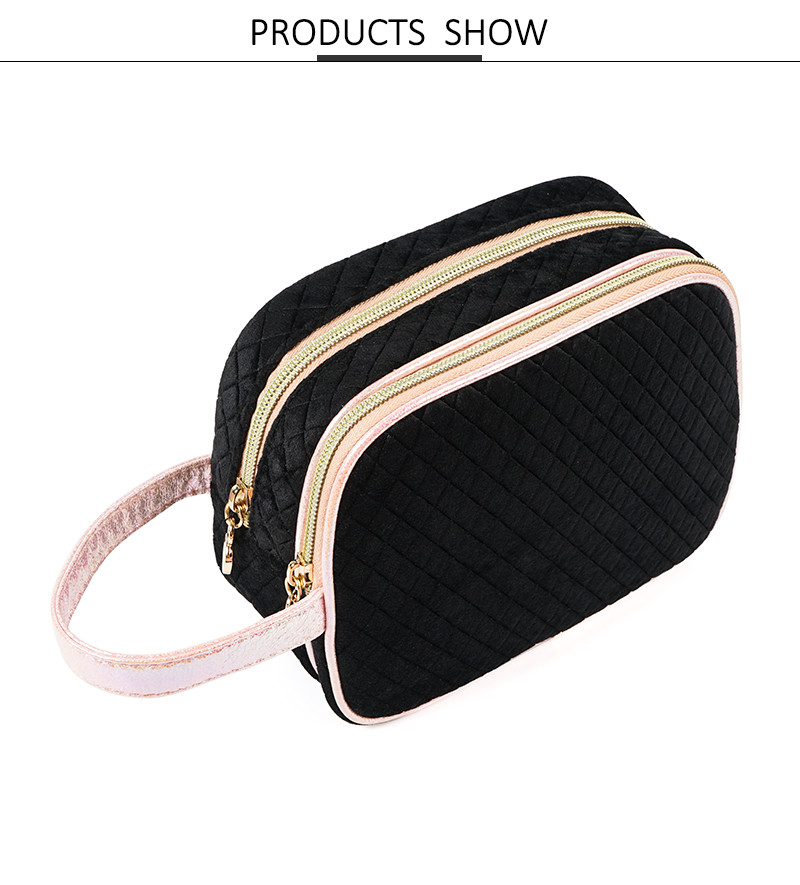 Double Zipper Velvet Cosmetic Makeup Bag With Handle