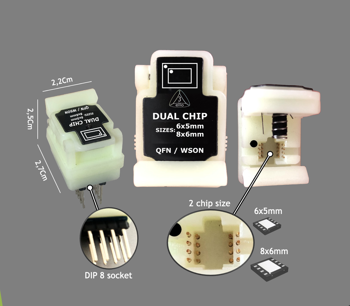 DUAL CHIP SIZE EEPROM ADAPTER 2 IN 1 QFN/WSON 8*6 and 6*5mm TO DIP8 SOCKET FOR PC BIOS LCD CAR KEY IMMO SMARTPHONE ETC