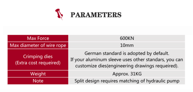 31KG Aluminium Alloy Sleeve Hydraulic Steel Wire Rope Press Machine with 600KN Max Force
