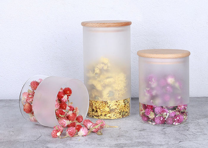 Yf0903 Frosted Glass Jar For Food / Glass Storage Jar With Bamboo Lid