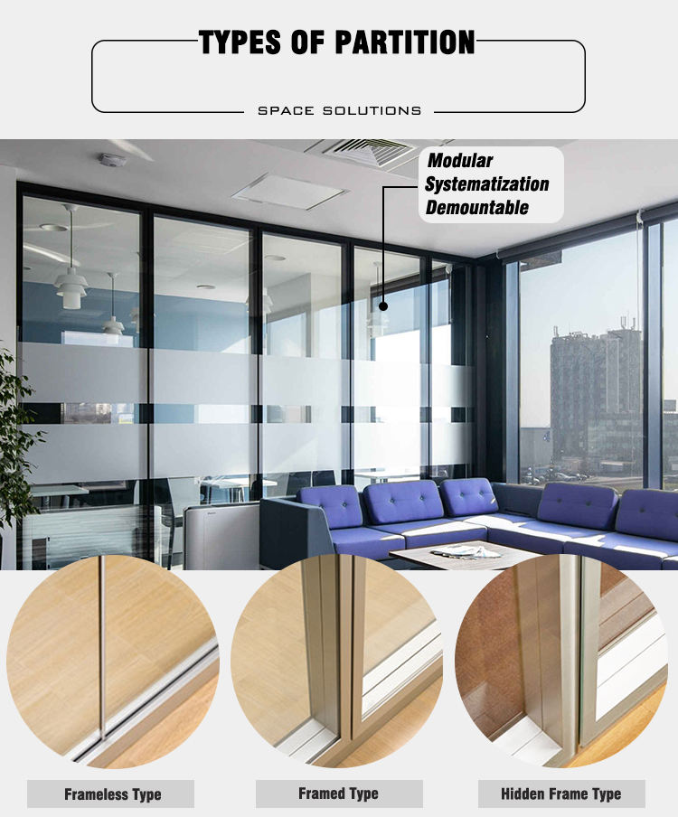 Portable framed fixed glass partition door office partition wall cubicle for commerical building