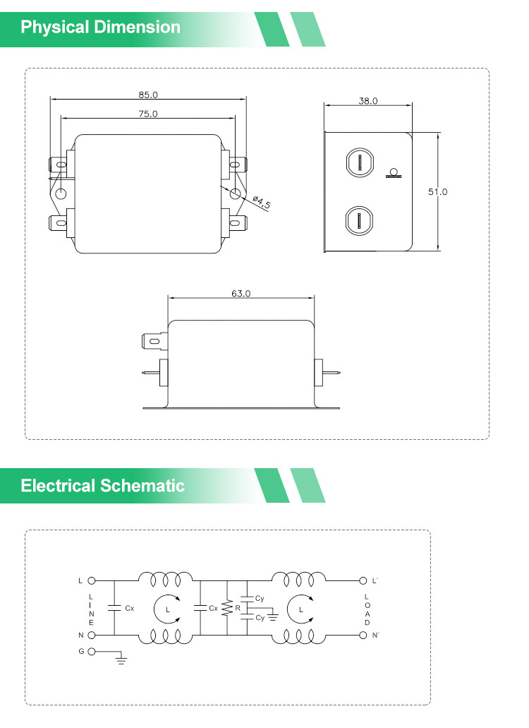 YB22D4 Two-stage Singel Phase Filter 250V 15A Ehanced EMI Noise Filter For Electronic Equipment