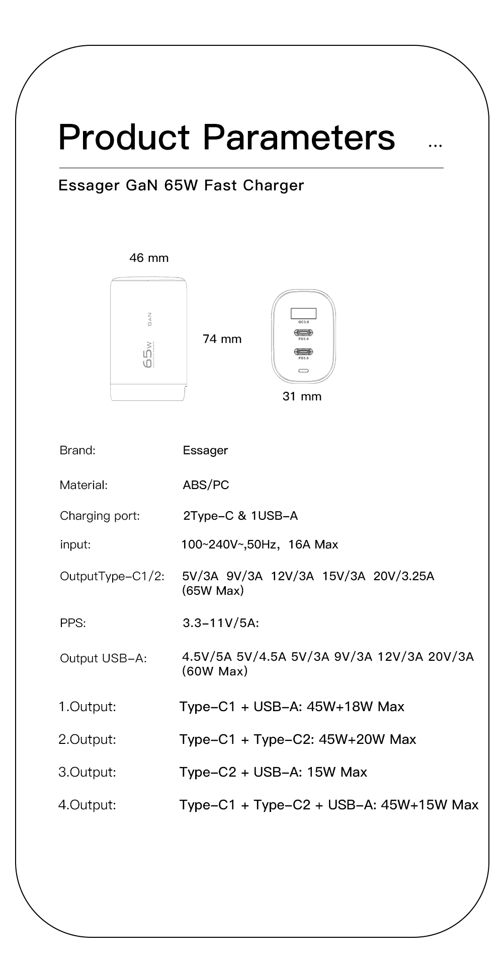 Quick GaN Wall Charger C+A 65W High Power PD 65w Fast Phone Charger For Android