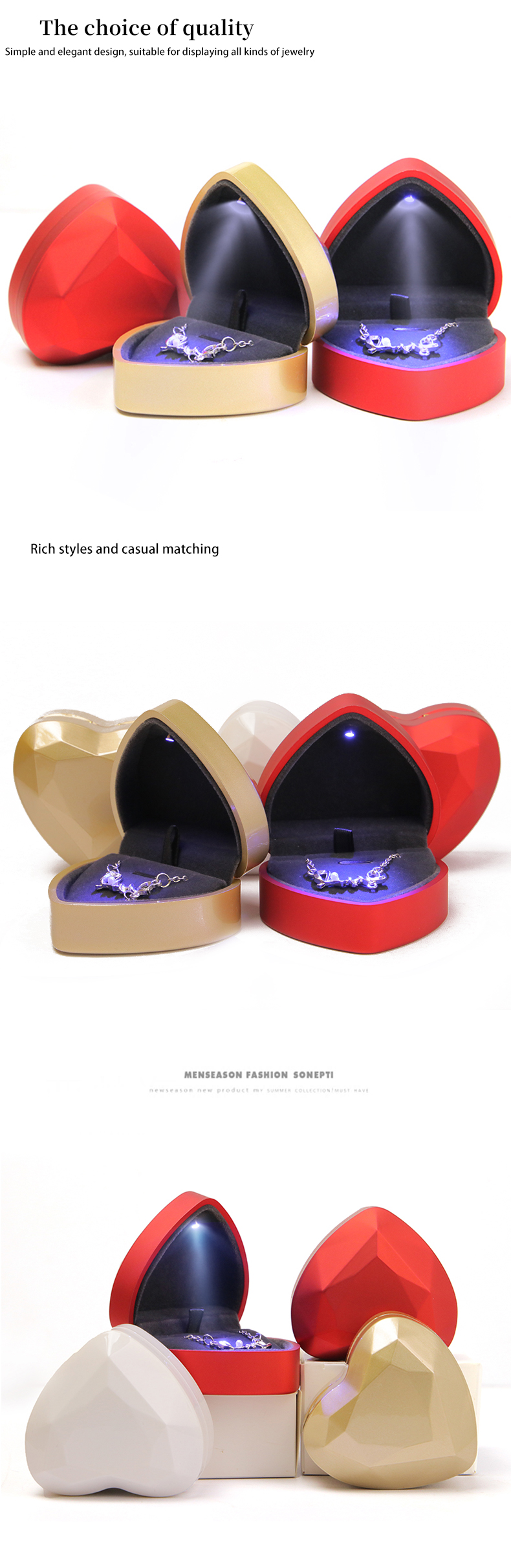 Wholesale Manufacturing high end Jewellery gift Box packaging Custom Necklace Ring jewelry set Packaging plastics heart shape white led Jewelry Box