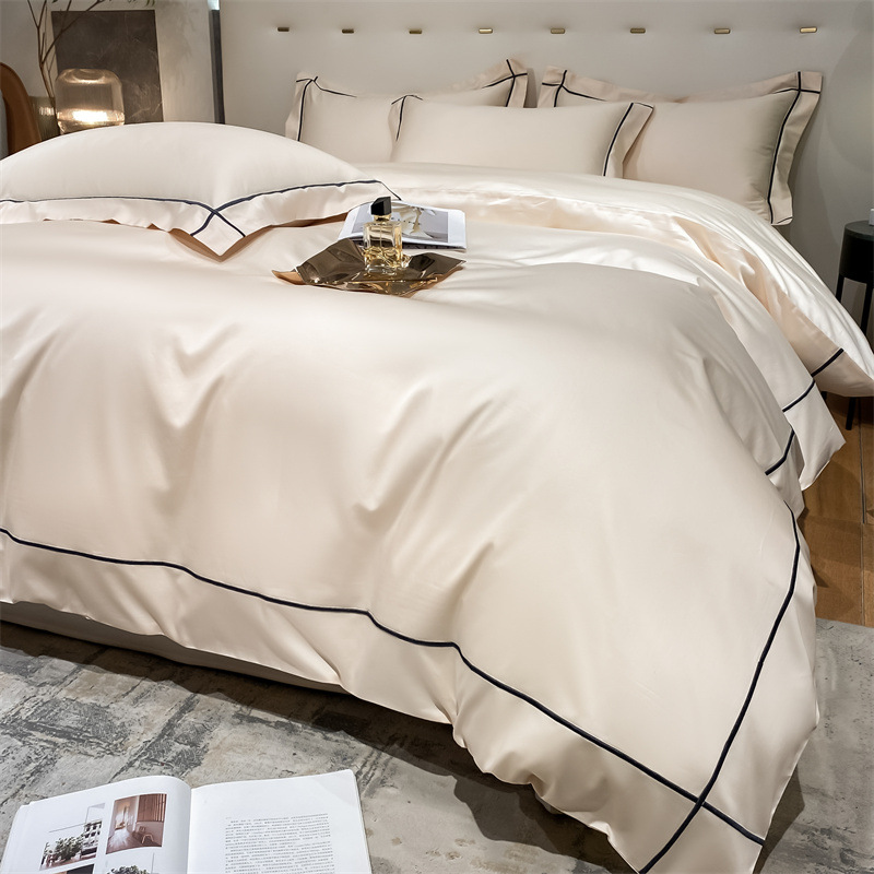 Home 200-Count Tencel Embroidered Double-Sided Ice Silk Sheets and Silk Smooth Nude Quilt Bedding Set
