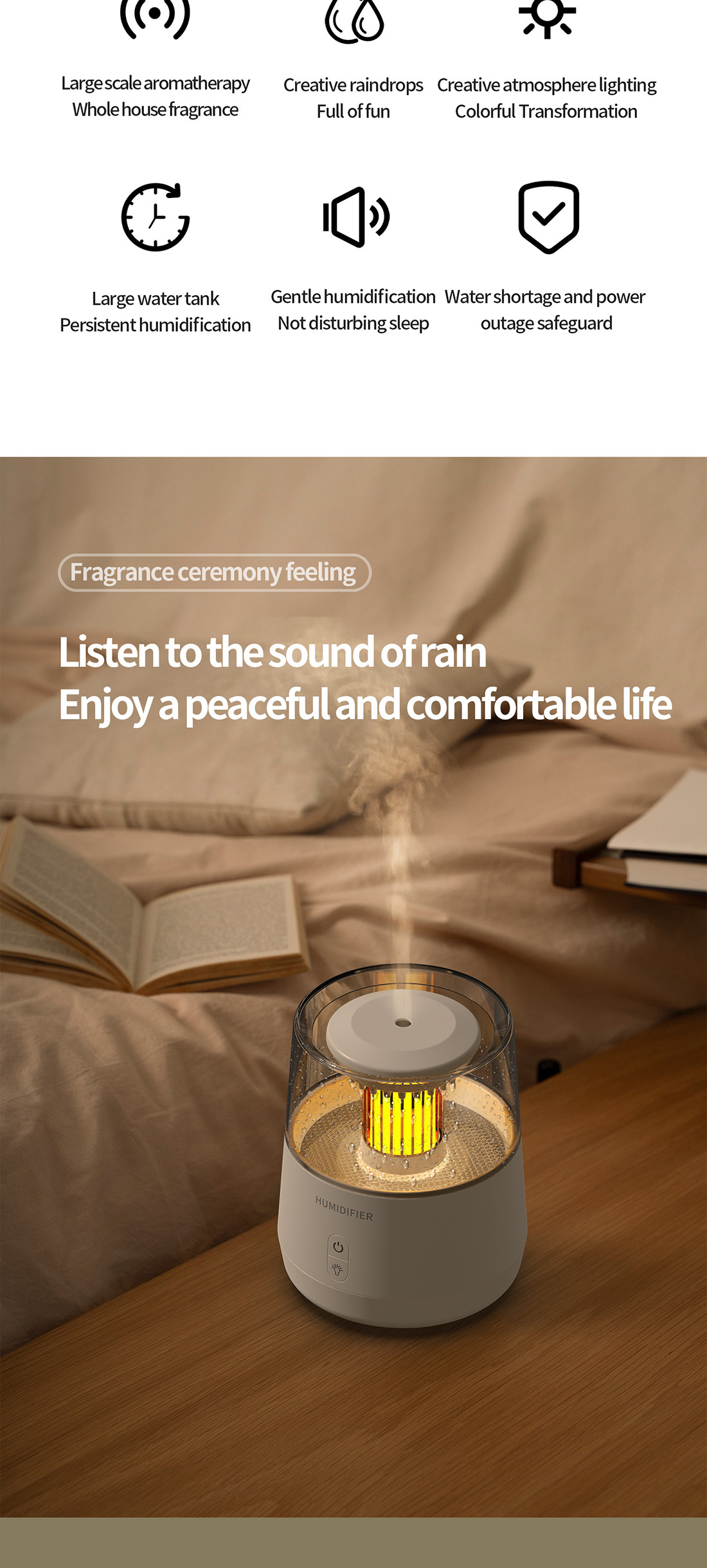 Raindrop Aromatherapy Fire Flame Humidifier 320ml With Auto Shut Off