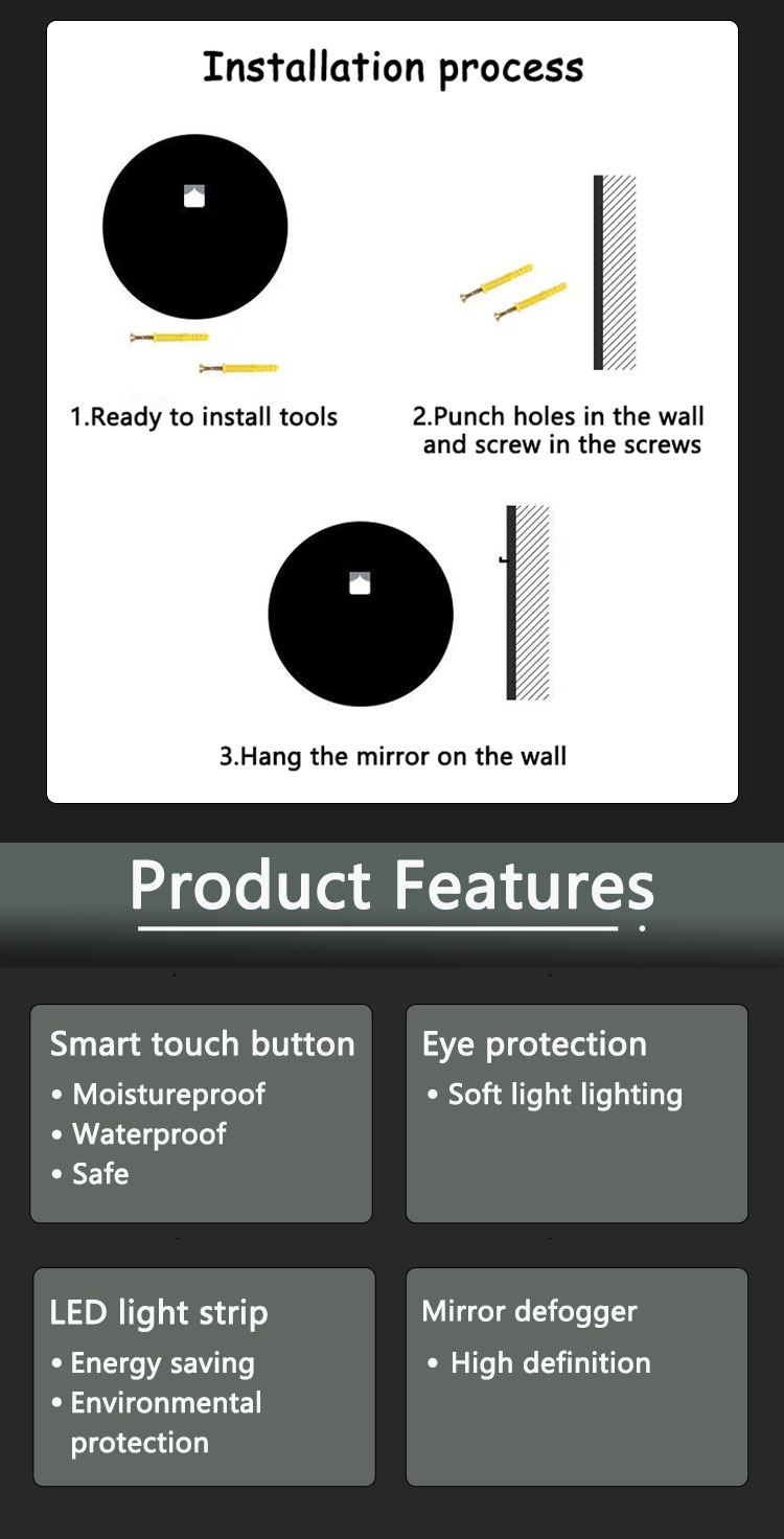 Touch Screen LED Bathroom Mirror with Large Sensor Switch and Modern Design Style