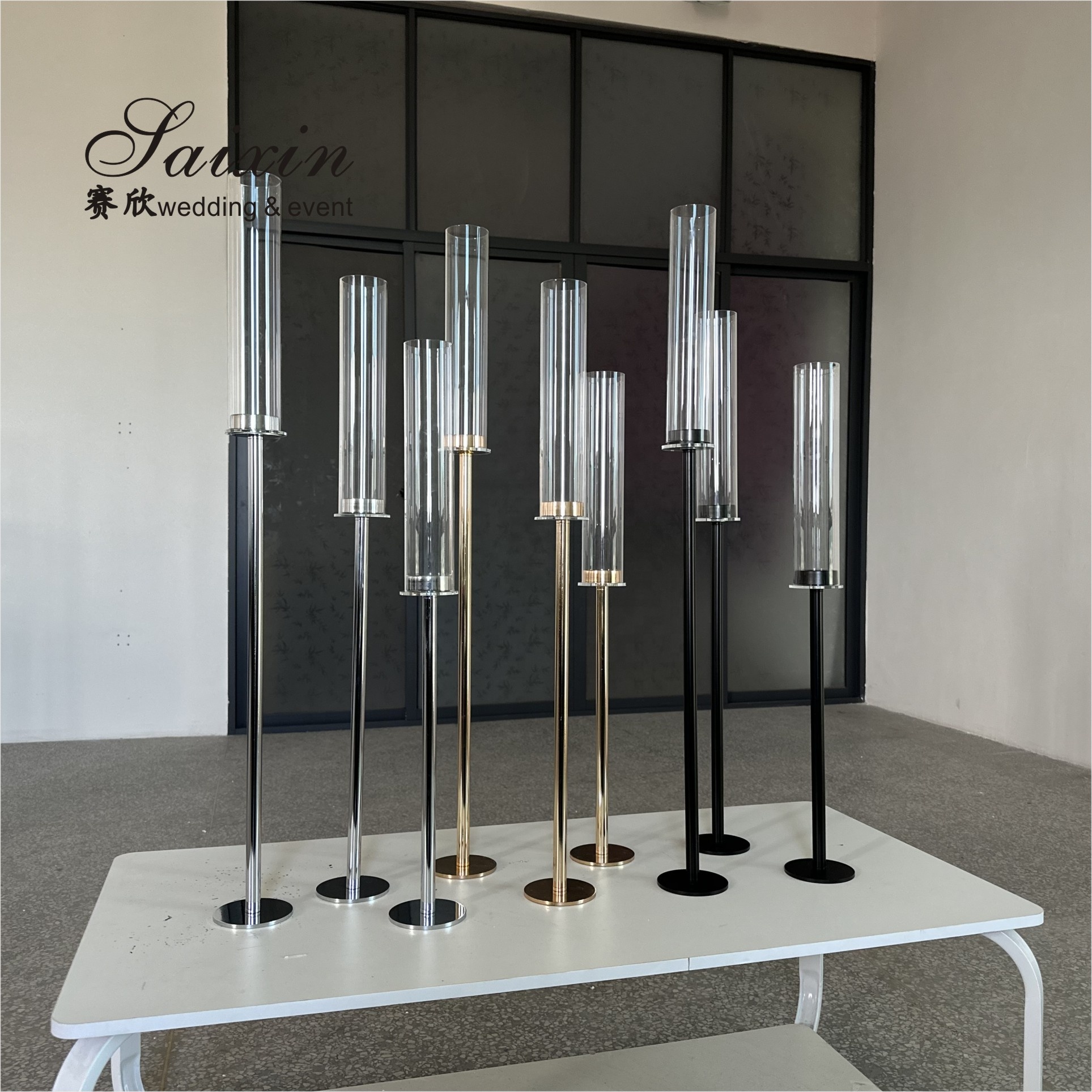 Long Stem Hurricane Pillar Gold Wedding Candle Holder With Chimney Tubes 3pcs Set 80cm