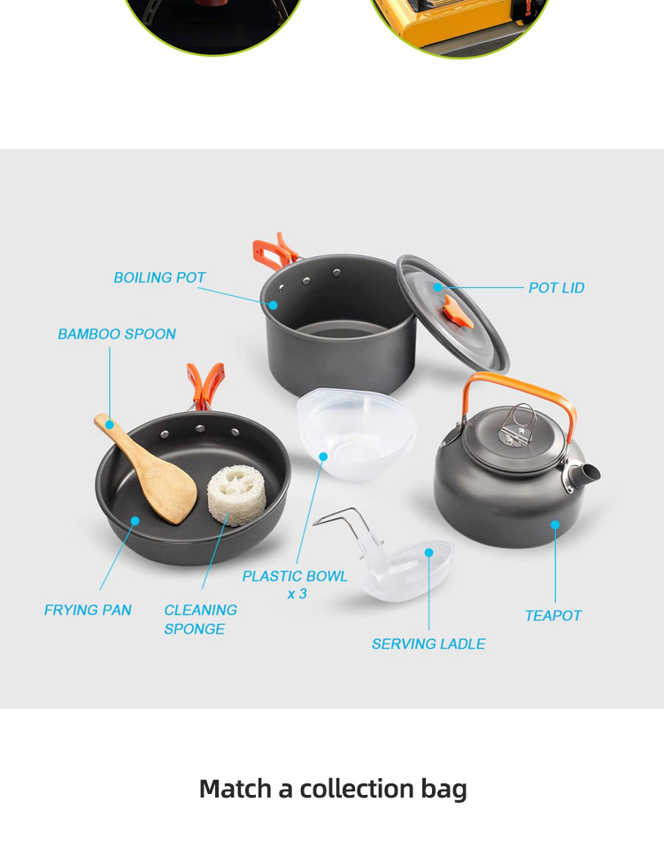 Factory Wholesale Multi-Color Outdoor Cooking Pot Set Durable Ware Tea Pot And Pan Camping Cookware Sets