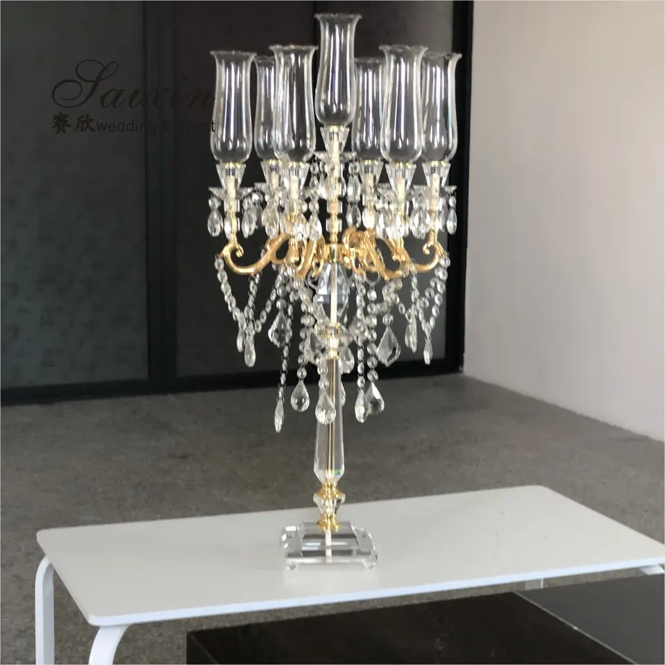 High Quality Gold Clear Candelabra Wedding Decor Supplies 7 Arms Centerpiece Crystal Candelabras