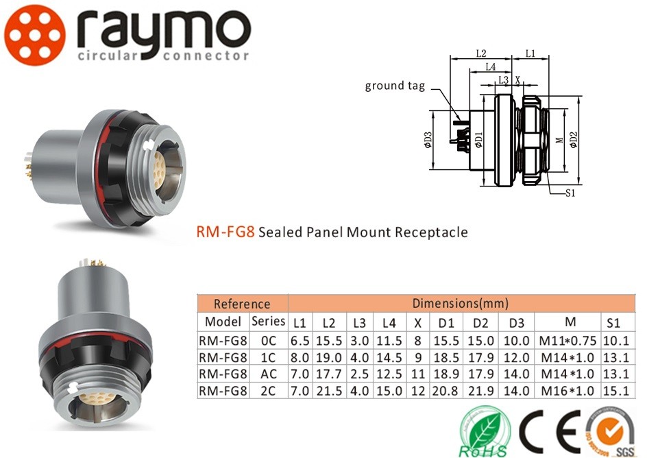 Amc Waterproof Metal Connector, RM-C Series,FG8 7pins Panel Socket Circular Connectors