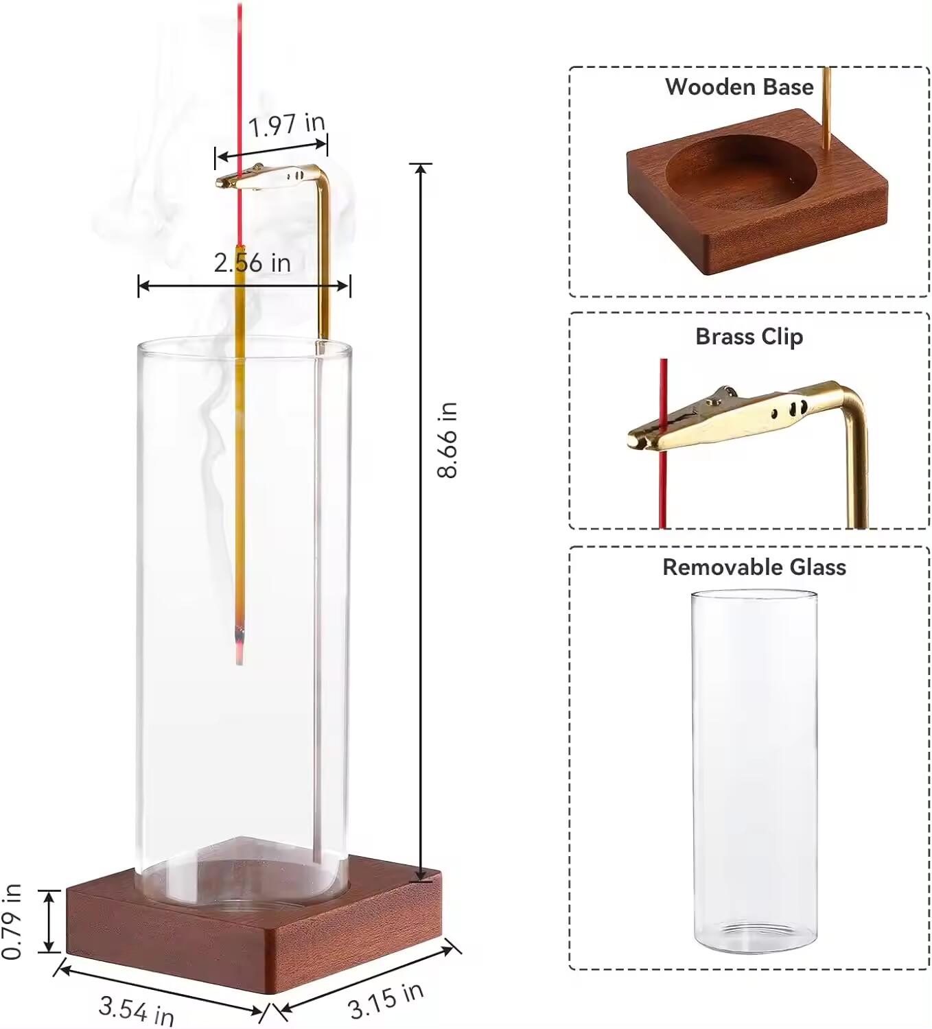 Wood Incense Holder for Sticks with Glass Ash Catcher, Incense Burner for Meditation Yoga Spa Room Decor