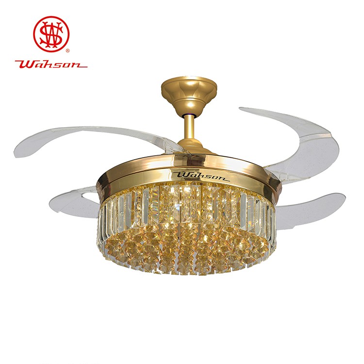 Crystal Lampshade Silent LED 36W Retractable Ceiling Fan Light With Folding Blades