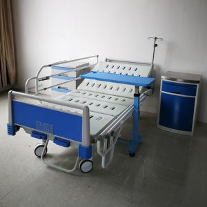 2-Function Manual Hospital Bed With Full-Length Iron Side Rails, IV Pole, Bedside Table & Cabinet