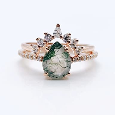 Natural Moss Agate Ring Set For Women Pear Shaped Gold Ring For Women