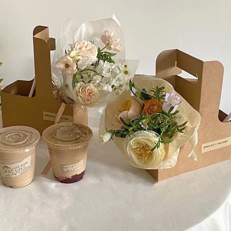 Rigid Boxes Dekun Recyclable Kraft Fresh Flowers Coffee Paper Tray Gift Box With Handle