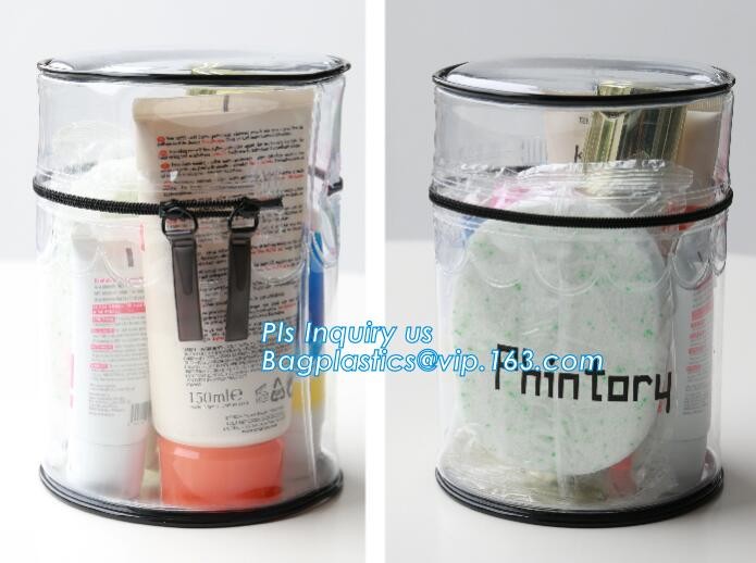 ZIP BARREL BAG, Cosmetic bag PVC in cylinder shape, Cylinder Round Folable See-through Travel PVC Makeup Case, cylinder