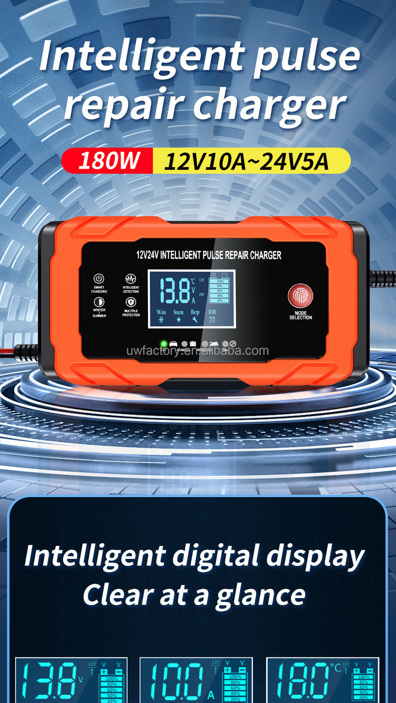 Private Mold 12V 10A/24V 5A Full Automatic Car Battery Charger 7-Stage Smart Fast Charging Pulse Repair for AGM GEL WET Lead Acid Big Display