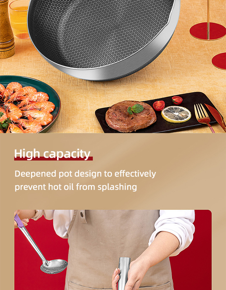 Factory Price 30 Cm Cookware 18/10 Stainless Steel Frypan Non Stick Honeycomb Fry Pans With Stainless Steel Handle