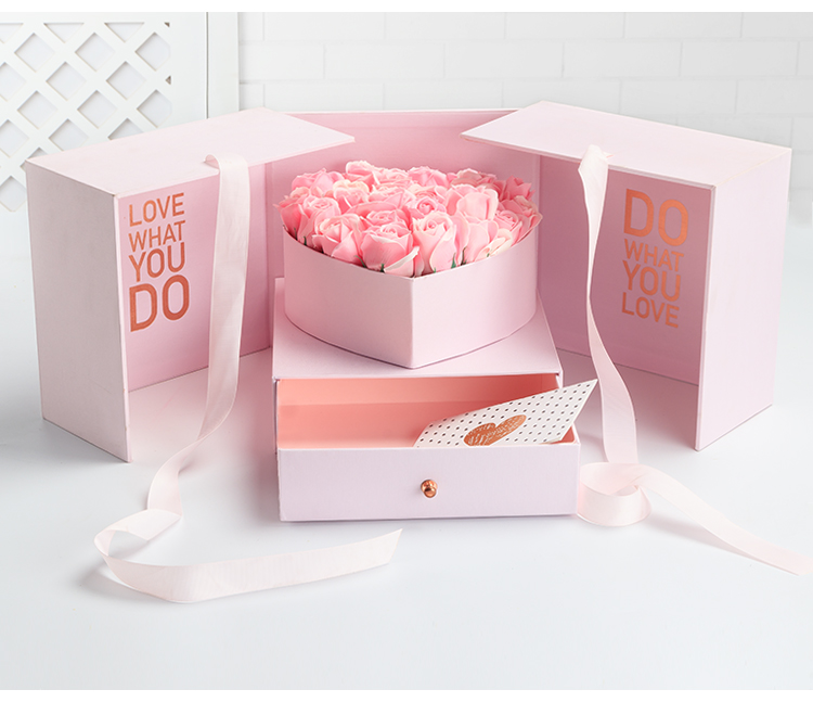 Custom Print Rose Magnet Closure Double Layer Heart Shaped Flower Box with Drawers