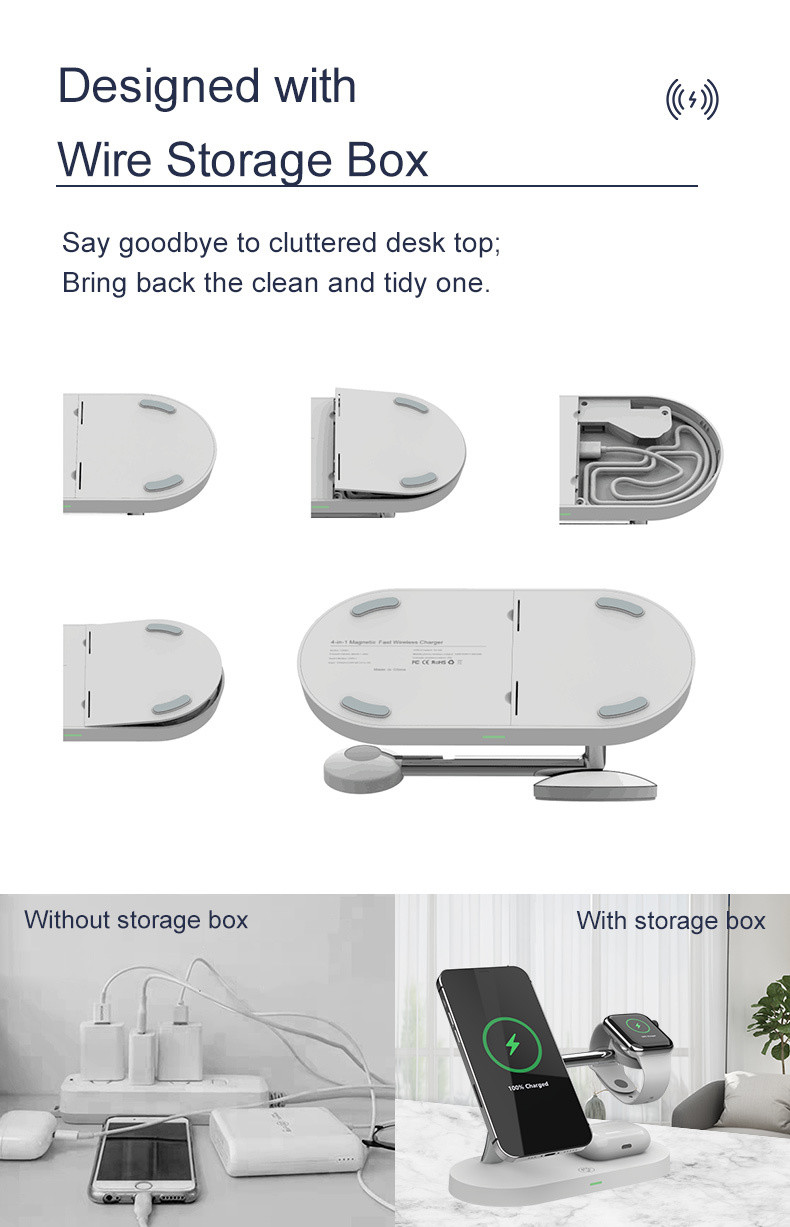 Multi-functional 4-in-1 Wireless Charging Station with Safety Protections for Earbuds