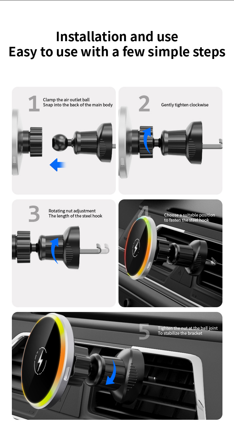 Universal Air Vent Magnetic Wireless Charger For Car with RBG Light