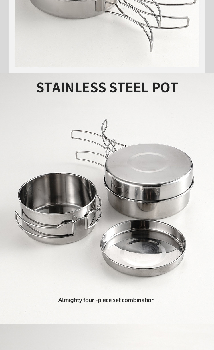 Multifunction 4 Pieces Outdoor Cookware Set Stainless Steel Titanium Pots