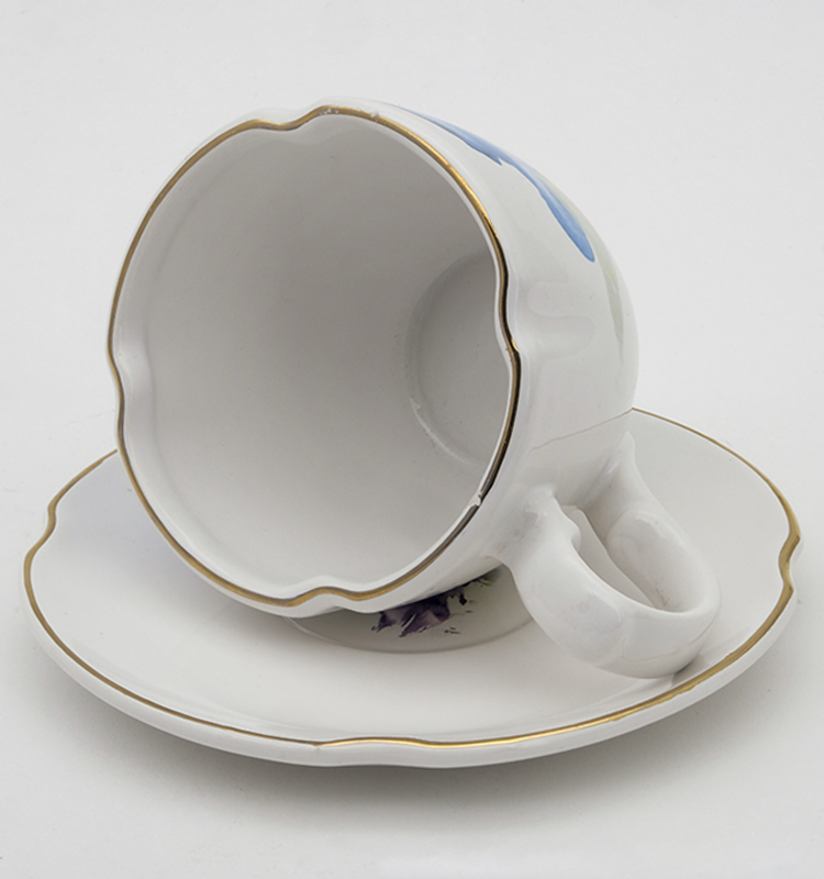 Ceramic Tea Cup And Saucer Set European Style White Stoneware Ceramic Print Coffee Water Mug Cup