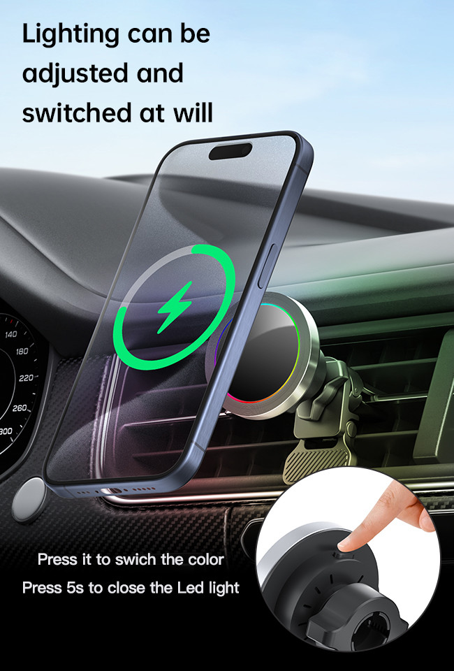 Small And Thin Magnetic Car Mount Wireless Charger With Hidden Light Off Function For A Neat Look