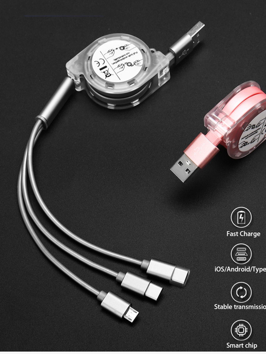 3 In 1 Extendable USB 2.0 Charging Cable For Iphone Micro Type C