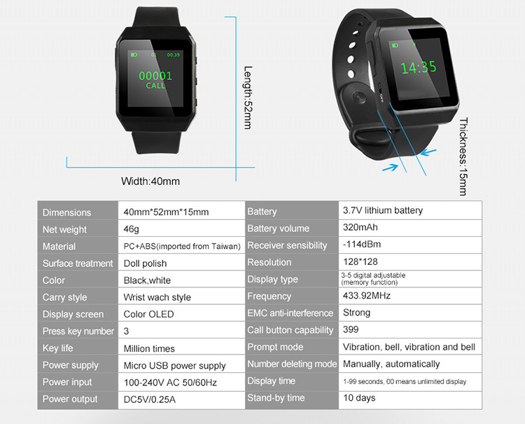 High quality waterproof wireless wrist watch pager for waiters getting service call from customer