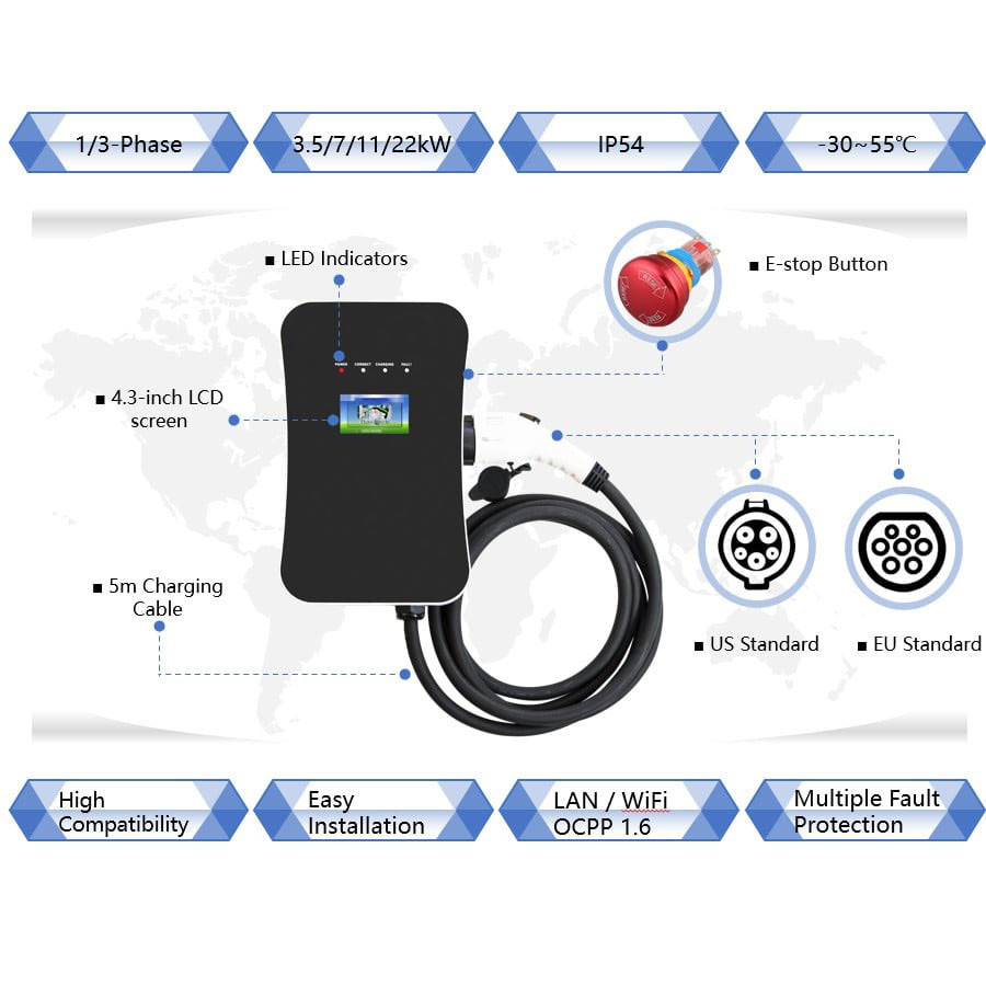 22kw Wall Mounted AC EV Charger Wallbox Car Home Charging Station Type 2 Plug