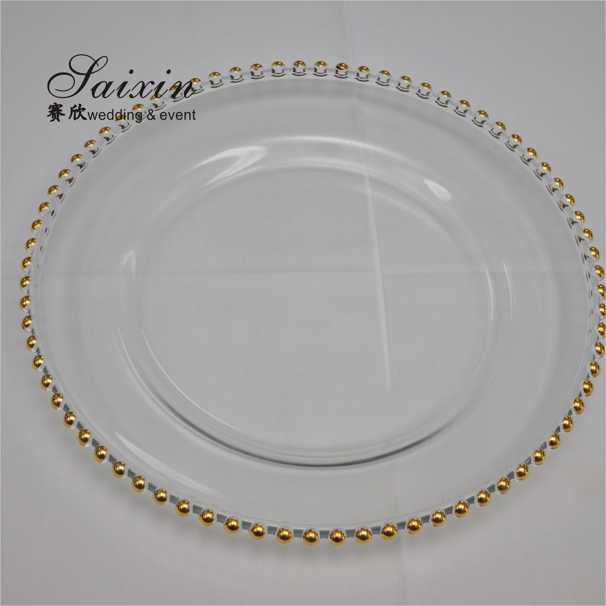 Gold Rim Mirror Charger Plate For Wedding Event Diamond Rhinestones 15 Inch