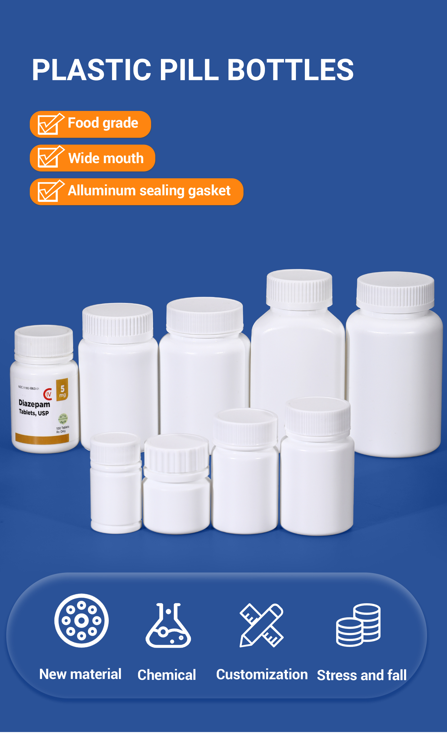 Empty 50CC Plastic Pill Bottle Container Blank Medicine Bottle For Chemical Capsule