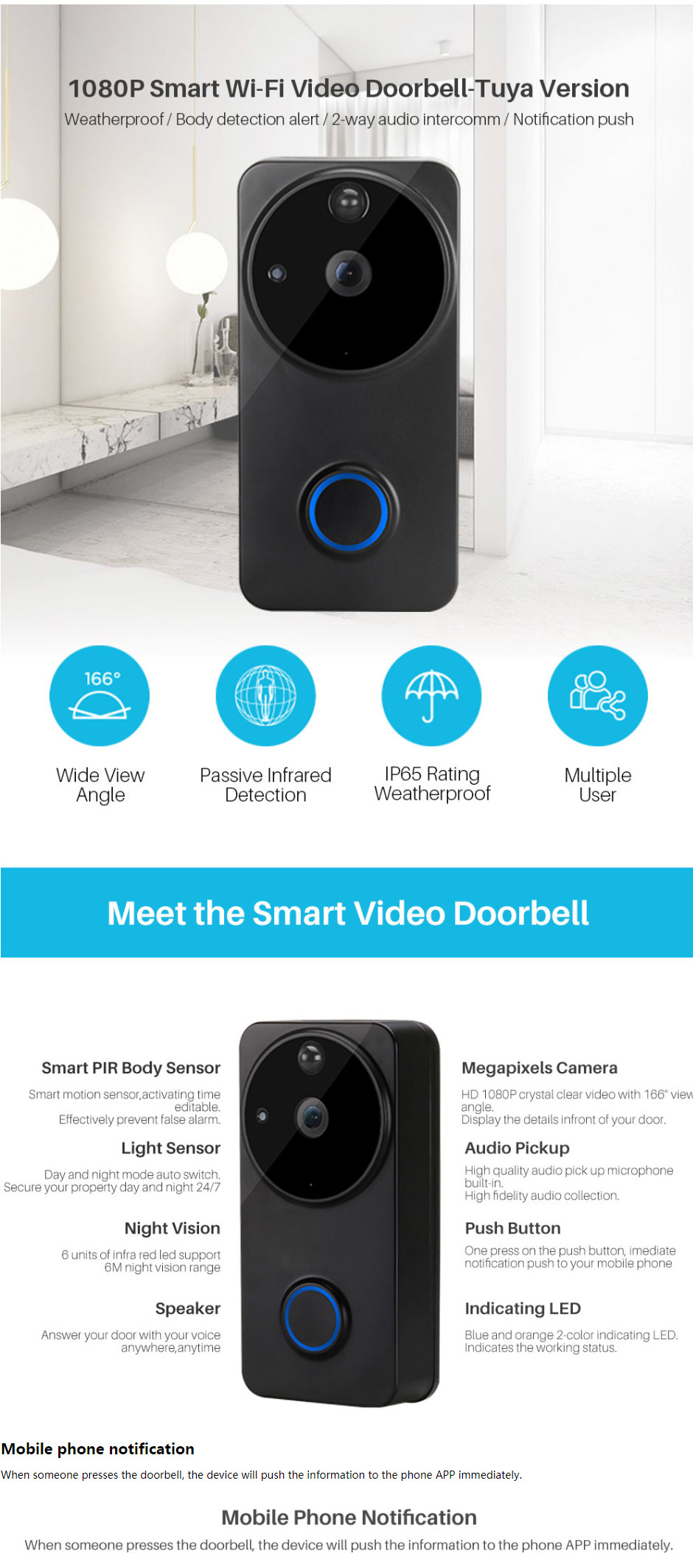 ABS Smart Home Wireless Doorbell 1080P Smart Camera Doorbell 2-Way Motion Detector