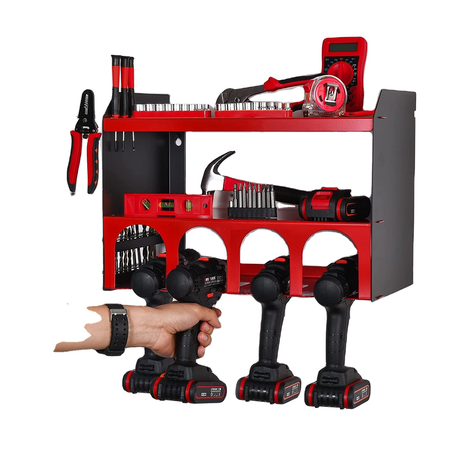 Carbon Steel Powel Tool Organizer for 4 Drills and Batteries Easy Bolt Insertion Type