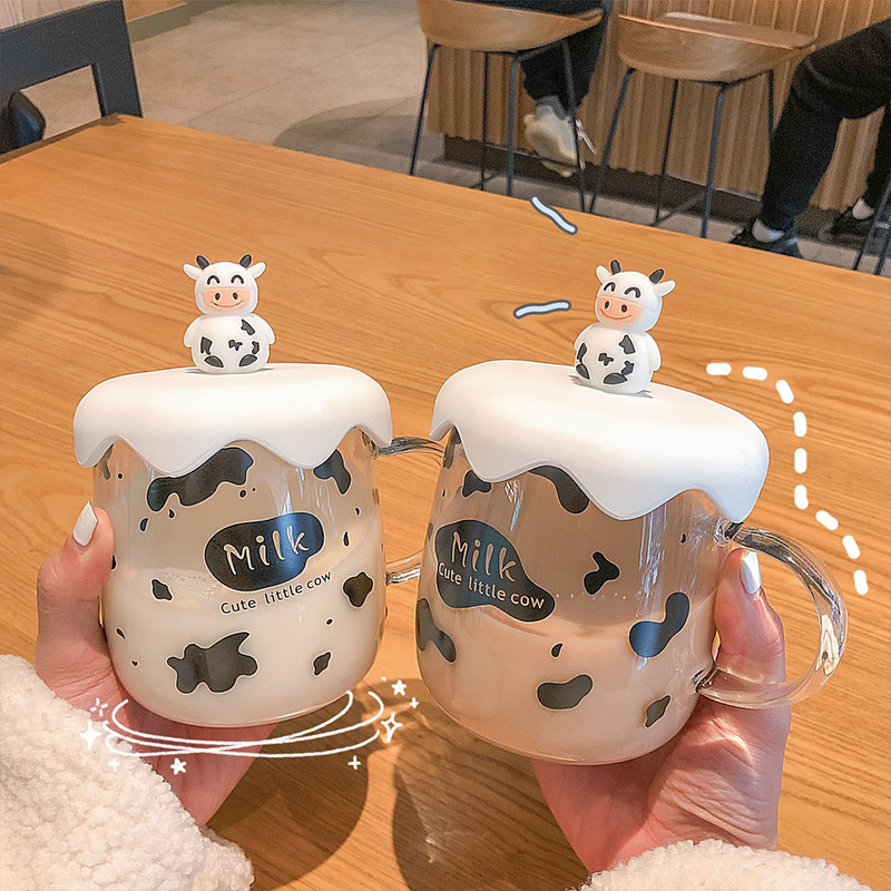 SGS LFGB CE Creative 400ml White Personalized Glass Milk Cups With Lid