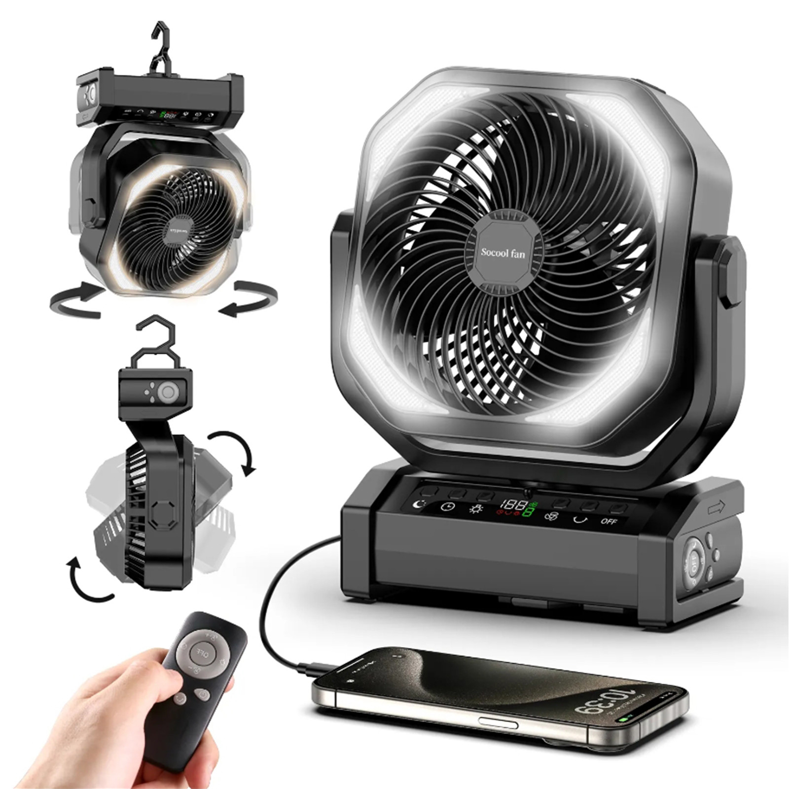 Socool Fan 20000mAh Suspension Desk Fan Remote Controlled with LED Light Rechargeable