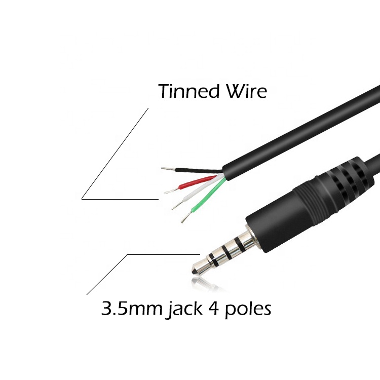 Custom 4 Poles TRRS 3.5mm Stereo Audio Jack to Stripped Pigtail Tinned Bare Wire End Cable
