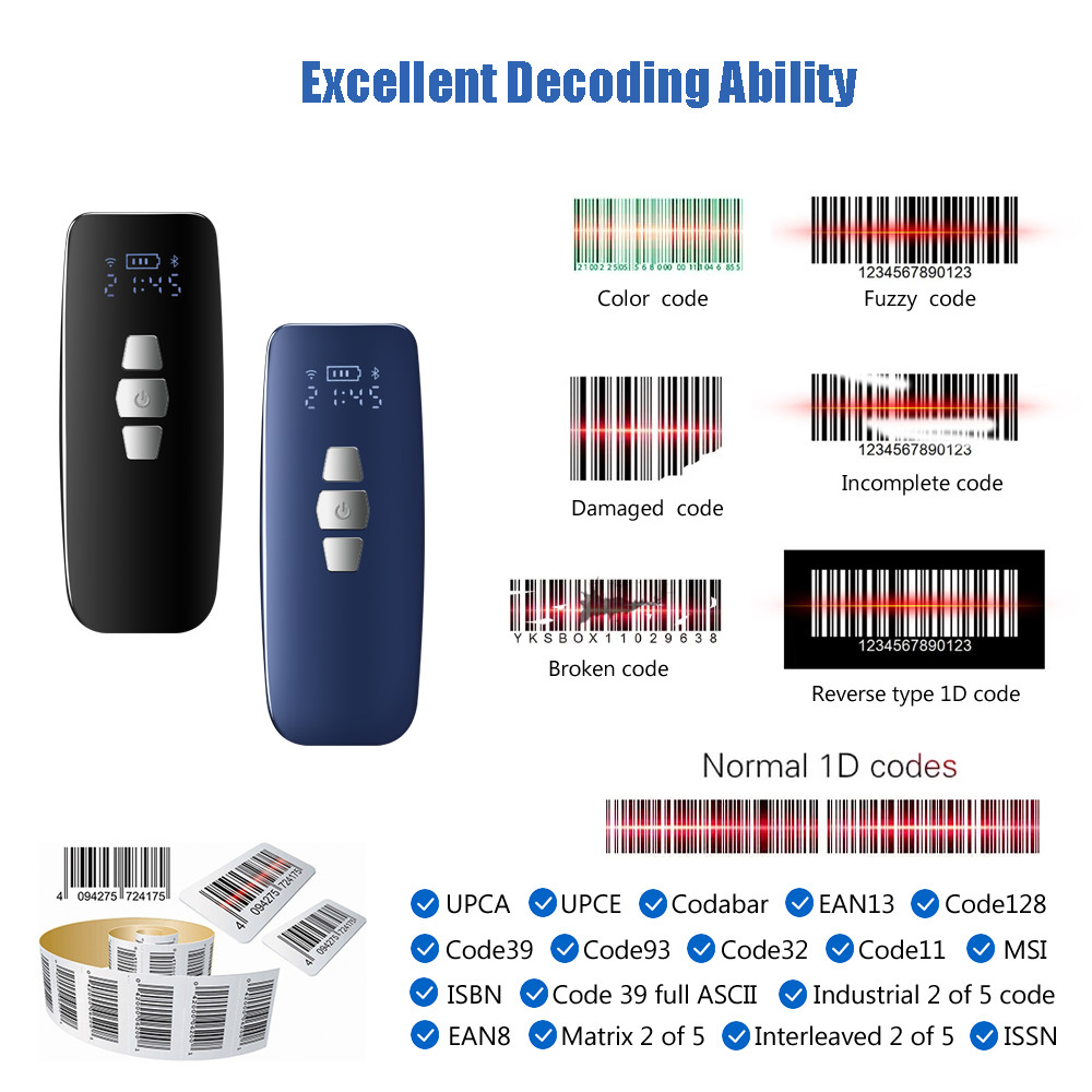 1D Compact Mini Barcode Scanner 2.4G Wireless Portable Qr Code Scanner Bluetooth