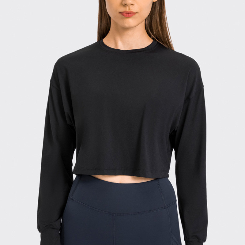 Jacquard Womens Long Sleeve Sweatshirts Nylon Loose Yoga Tops Quick Dry