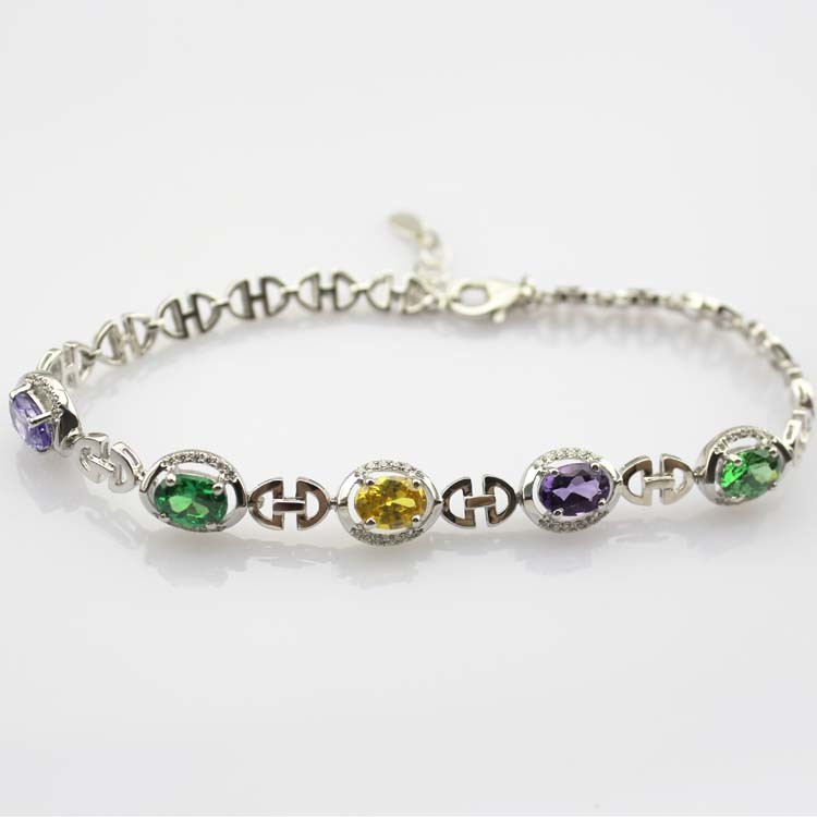 925 Sterling Silver Multicoloured Cubic Zircon Link Tennis Bracelet (H14)