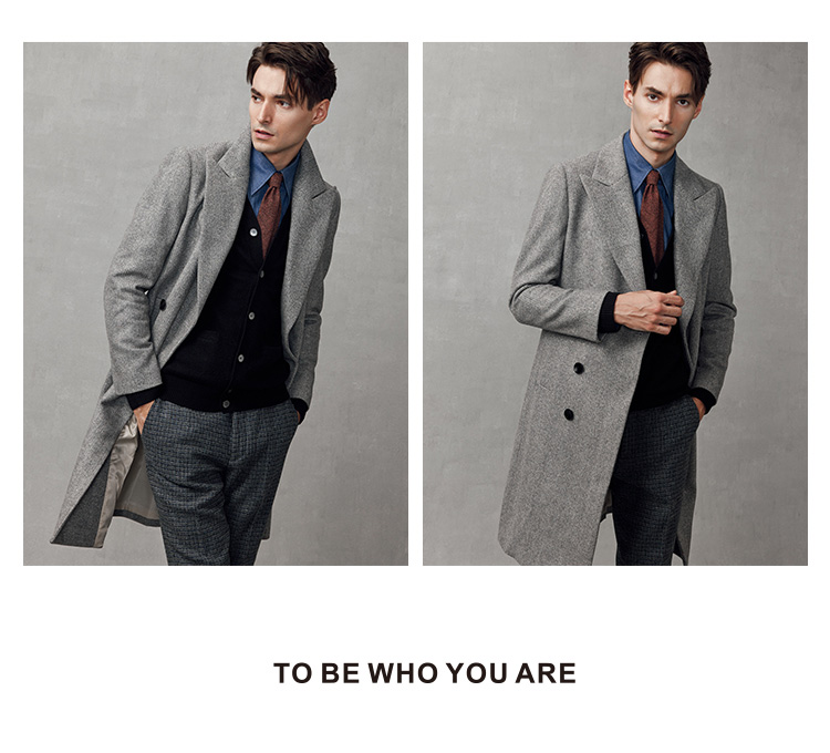 British Style Wool Gray Windbreaker Overcoat for Men's Mid-Length Double-Breasted